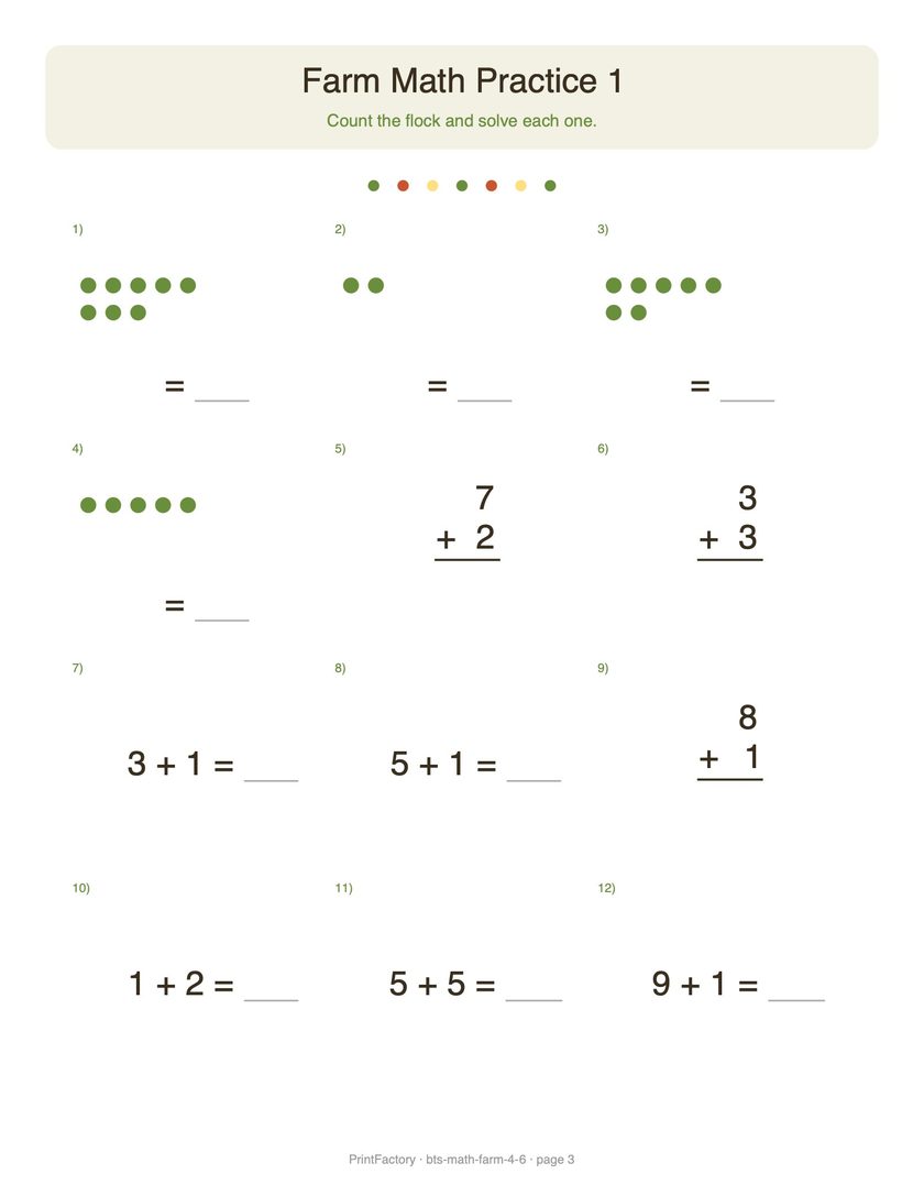 Preview page 2 from the Farm Math Pack, Ages 4-6