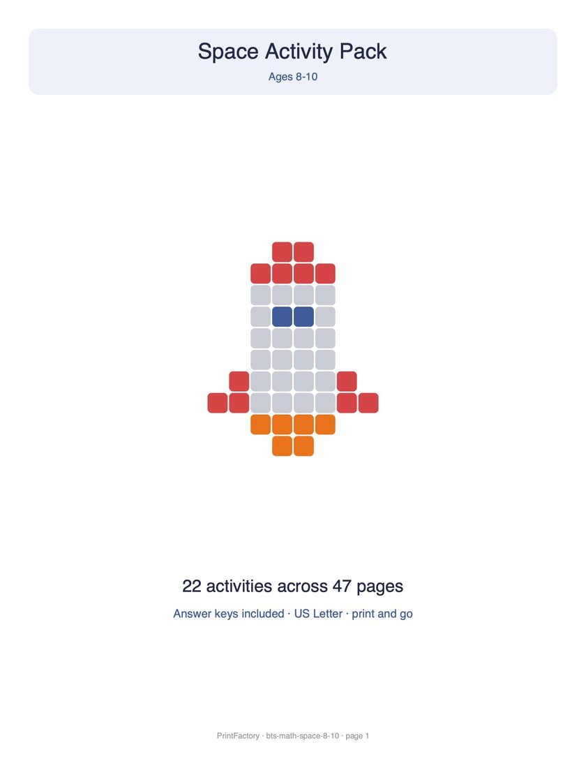 Preview page 1 from the Space Math Pack, Ages 8-10