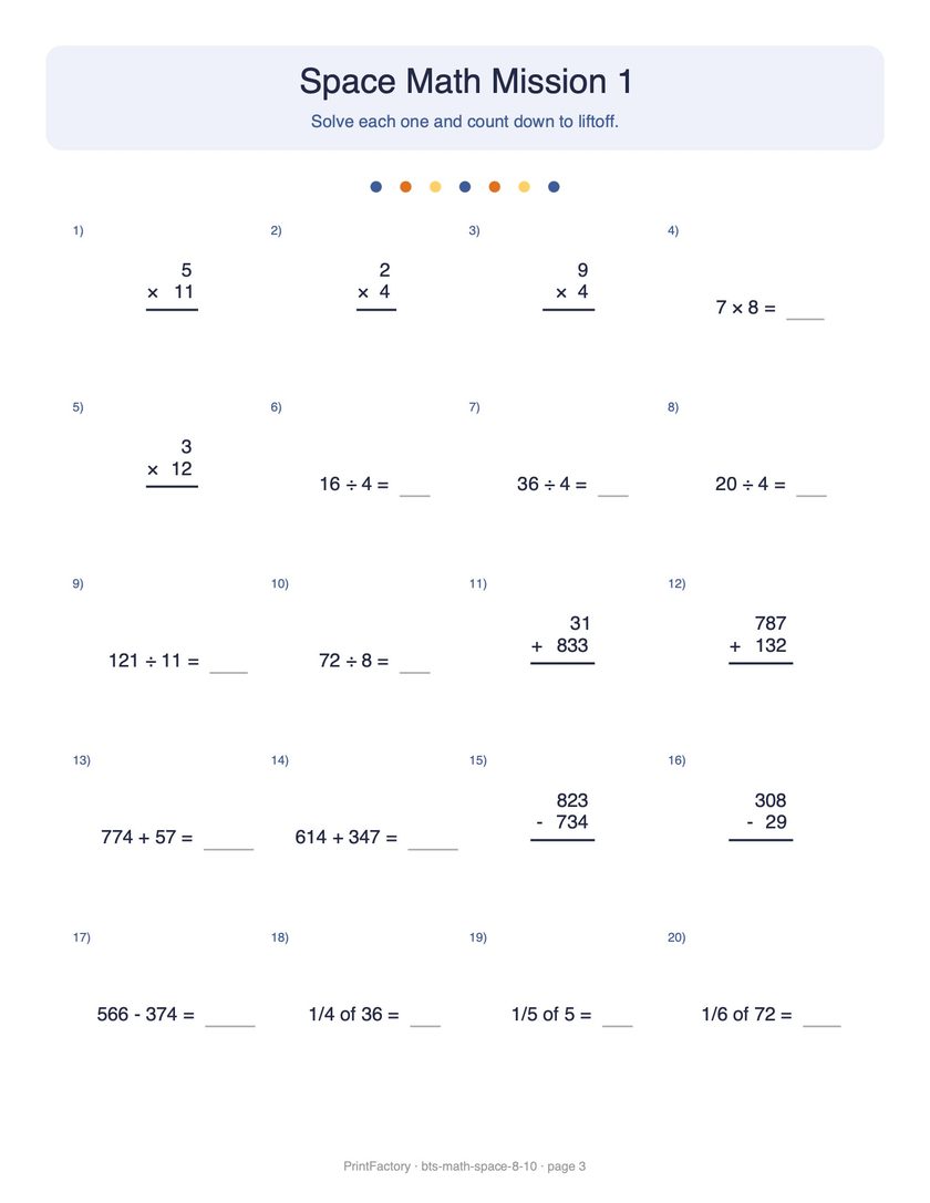 Preview page 2 from the Space Math Pack, Ages 8-10