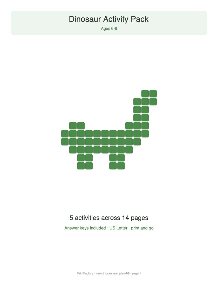 Preview page 1 from the Free Dinosaur Sampler, Ages 6-8