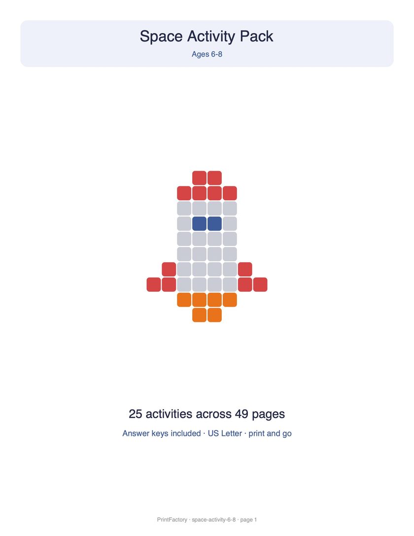 Preview page 1 from the Space Activity Pack, Ages 6-8