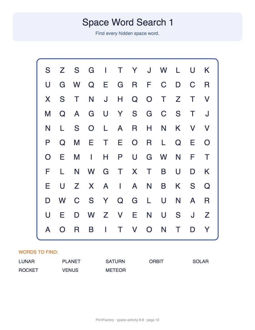 Preview page 3 from the Space Activity Pack, Ages 6-8
